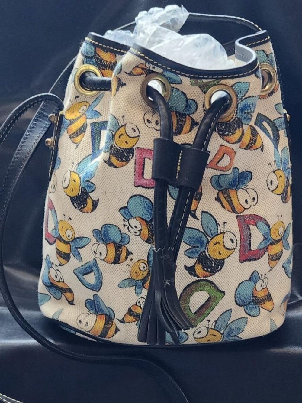 Vintage Dooney & Bourke Bumble Bee Canvas Drawstring Bucket Bag - Excellent